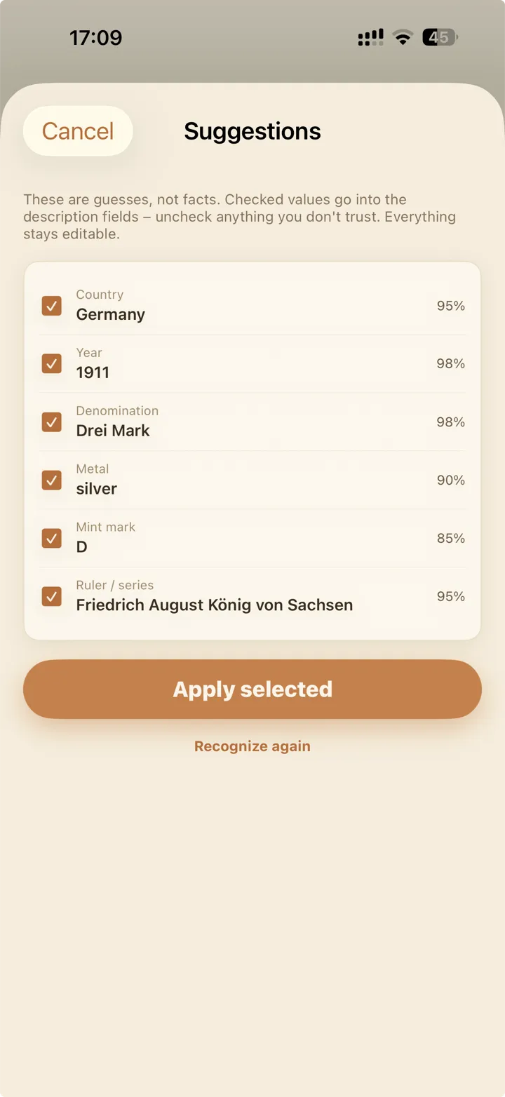 The suggestions sheet: country, year, denomination and metal, each with its own confidence percentage