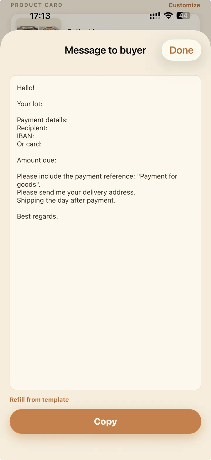 The message to buyer screen: a ready reply with payment and shipping details